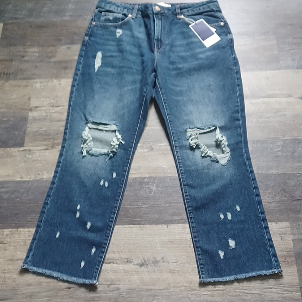 Zara Dark Blue Distressed Straight-Leg Jeans